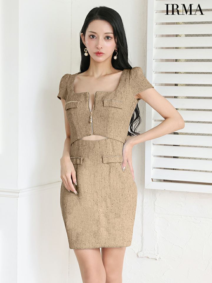 IRMA イルマ ツイード/半袖/フロントジップ/カットアウト/タイト ミニドレス ir55094