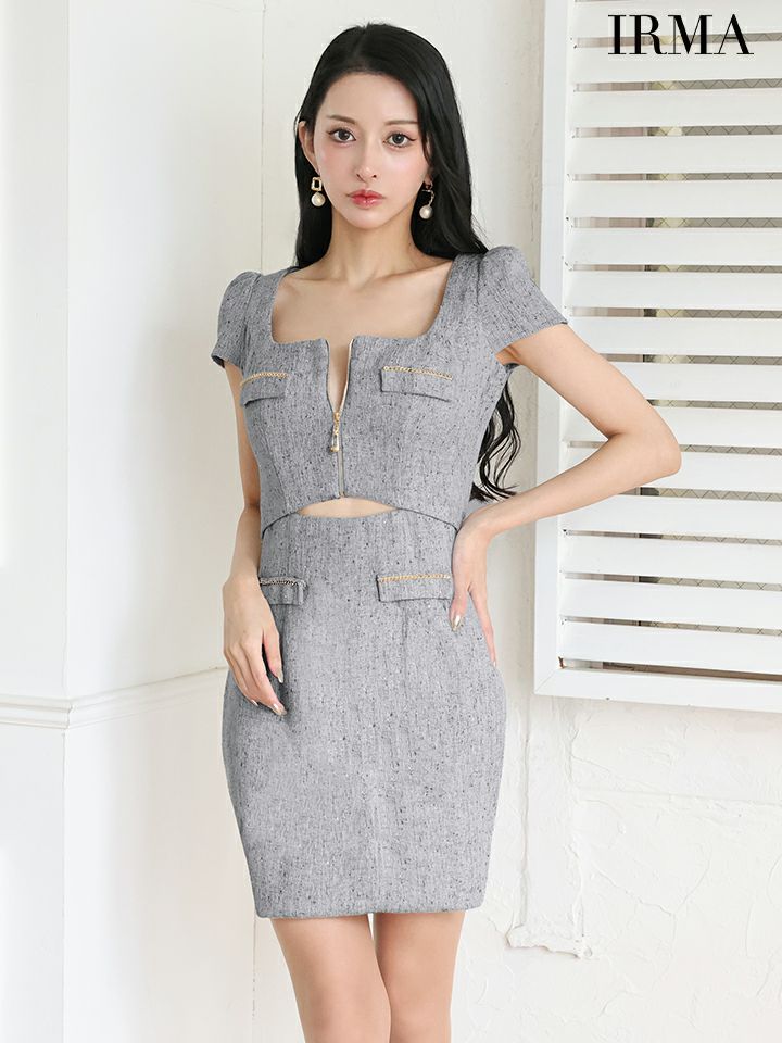 IRMA イルマ ツイード/半袖/フロントジップ/カットアウト/タイト ミニドレス ir55094