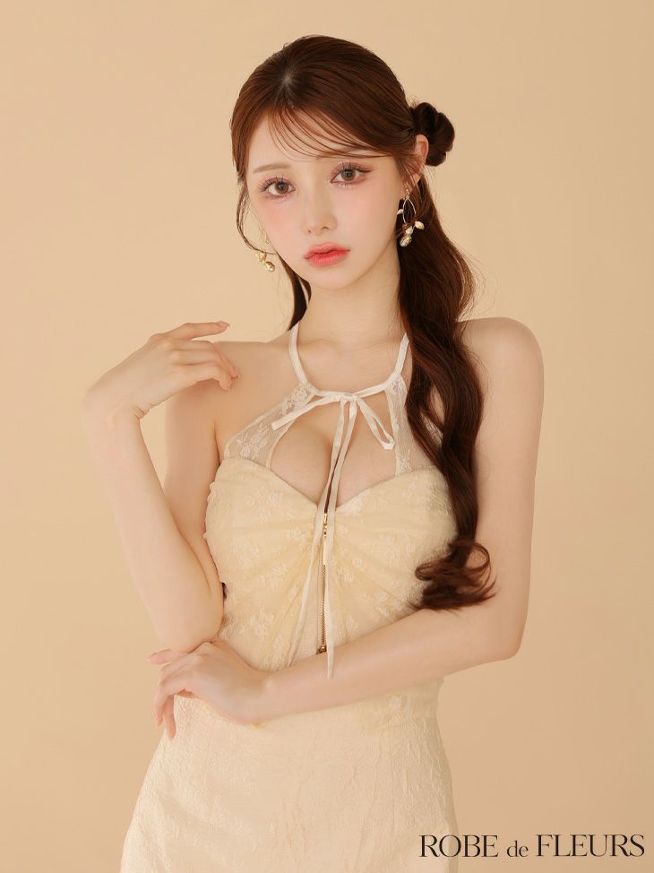 ROBE de FLEURS ローブドフルール ジャガードホルターリボンセットアップミニキャバドレス fm4201-c