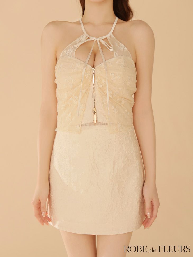 ROBE de FLEURS ローブドフルール ジャガードホルターリボンセットアップミニキャバドレス fm4201-c