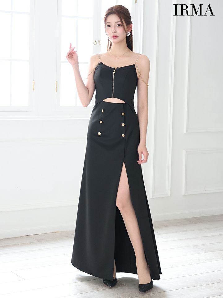 IRMA イルマ ワンカラー/ダブルボタン/ウエストカット/ショルダーチェーン/スリット入り/ロングドレス ir55083-c