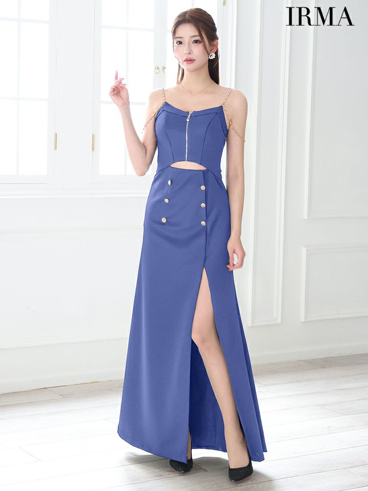 IRMA イルマ ワンカラー/ダブルボタン/ウエストカット/ショルダーチェーン/スリット入り/ロングドレス ir55083-c