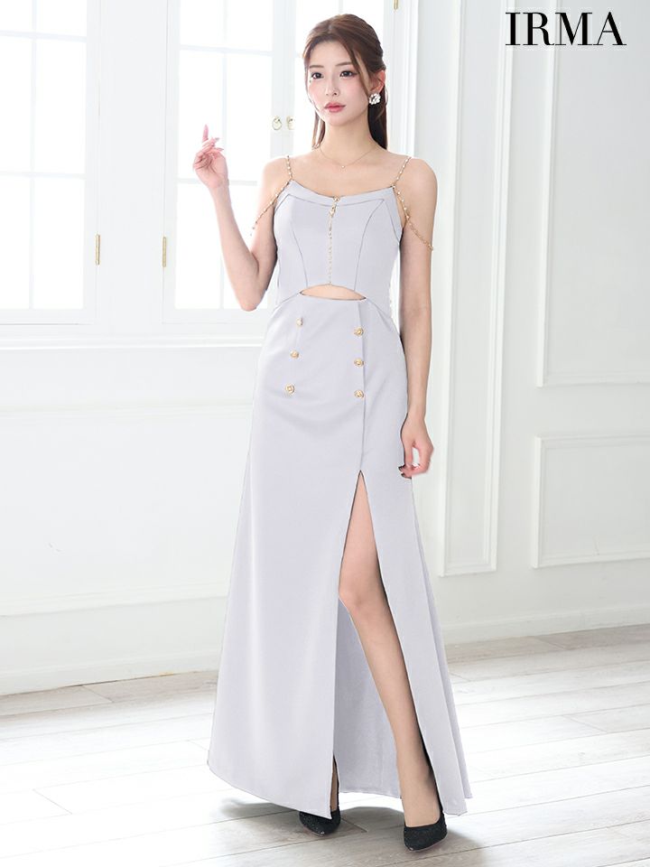 IRMA イルマ ワンカラー/ダブルボタン/ウエストカット/ショルダーチェーン/スリット入り/ロングドレス ir55083-c