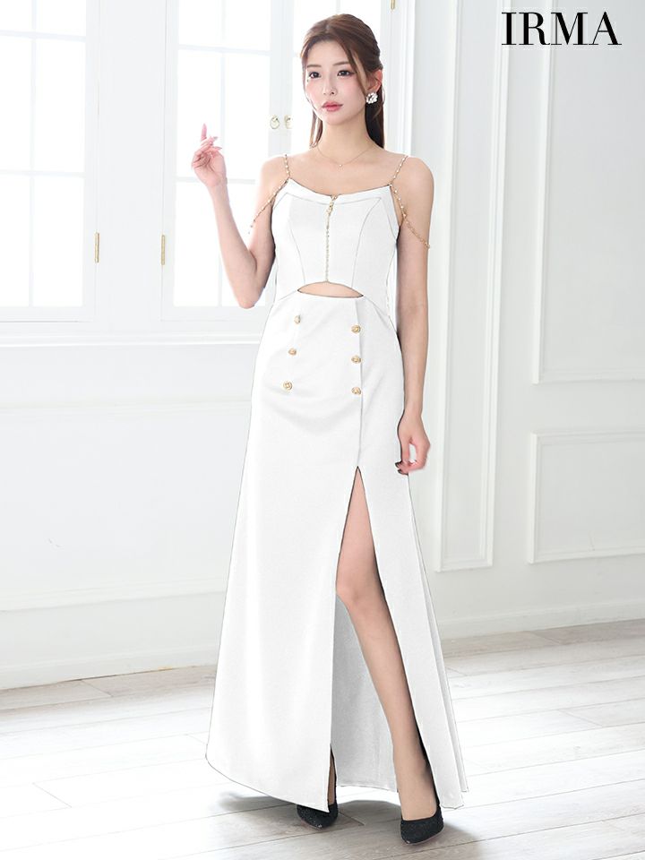 IRMA イルマ ワンカラー/ダブルボタン/ウエストカット/ショルダーチェーン/スリット入り/ロングドレス ir55083-c