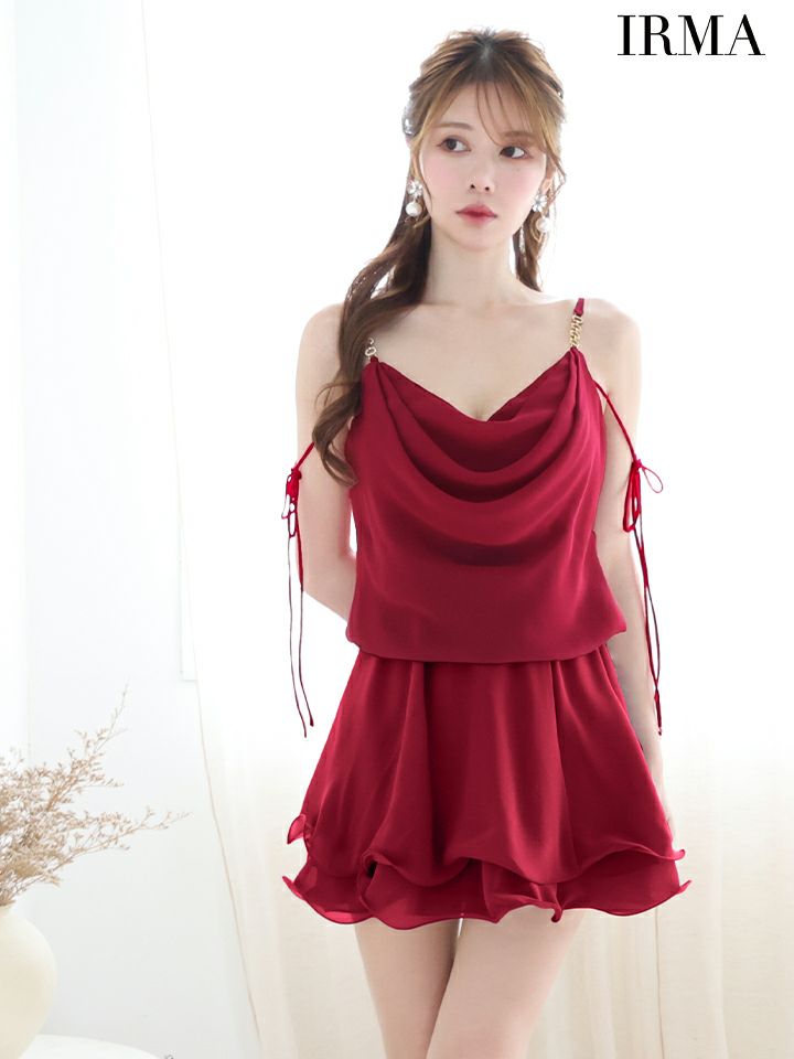 IRMA イルマ シフォン/ドレープ/ショルダーリボン/ティアード/フレア ミニドレス ワンピース ir51912