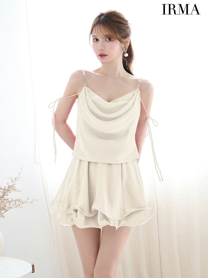 IRMA イルマ シフォン/ドレープ/ショルダーリボン/ティアード/フレア ミニドレス ワンピース ir51912