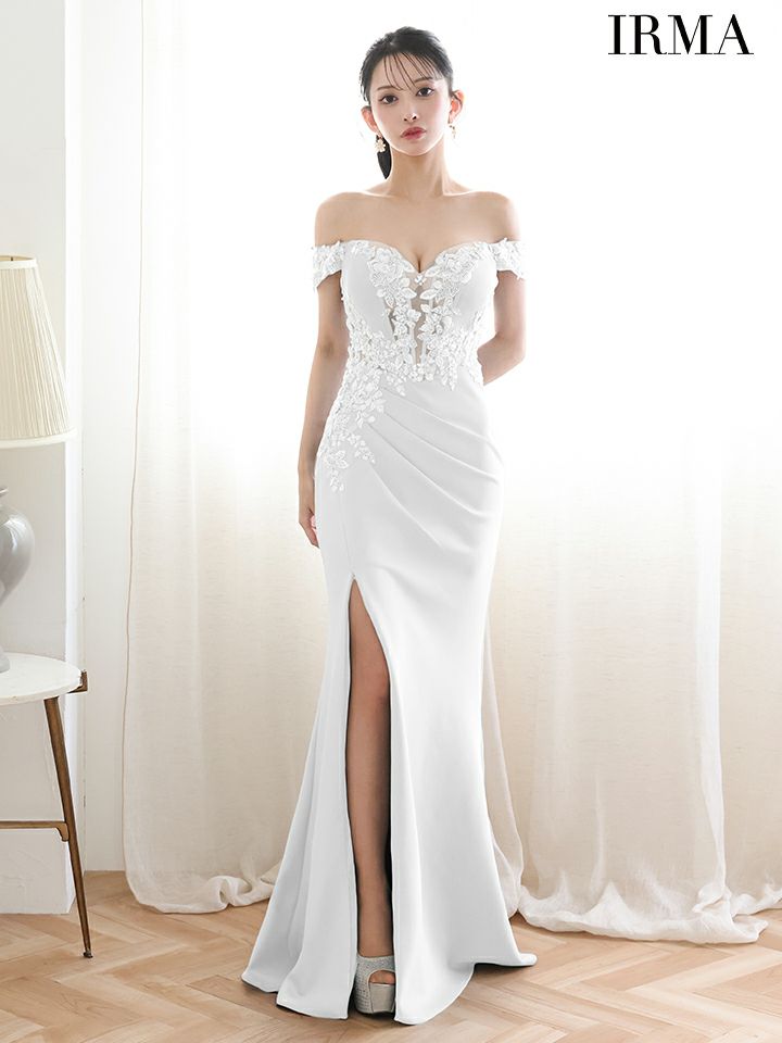 IRMA イルマ オフショル/立体フラワーモチーフ/刺繍/メッシュ/スリット入り/タイト ロングドレス ir51924