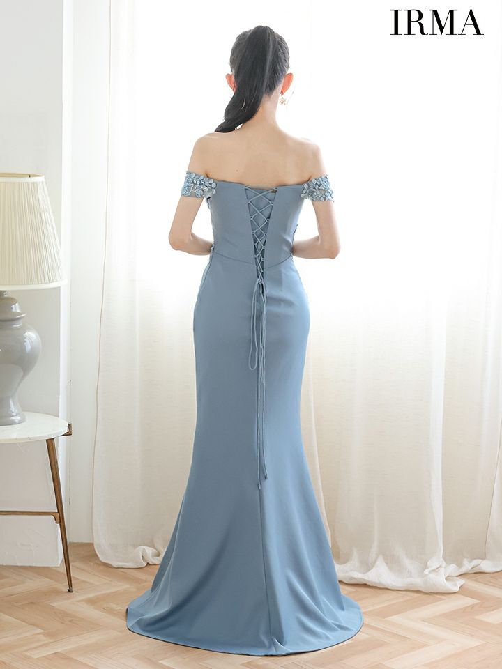 IRMA イルマ オフショル/立体フラワーモチーフ/刺繍/メッシュ/スリット入り/タイト ロングドレス ir51924