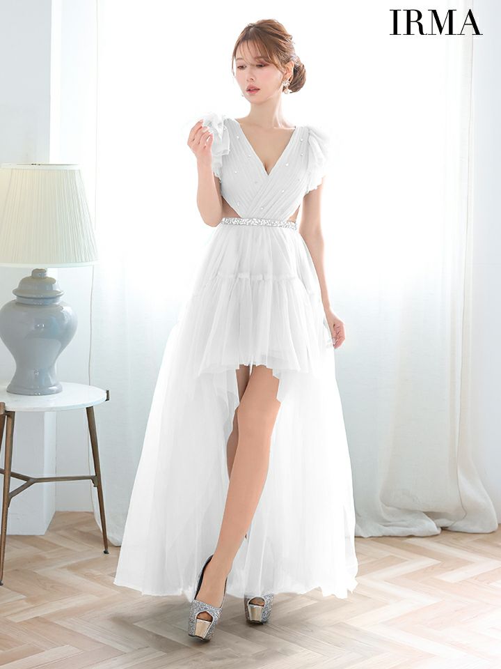 IRMA イルマ チュールスリーブ/ビジュー/ウエスト切替/ロングテール/前ミニ ロングドレス ir51925