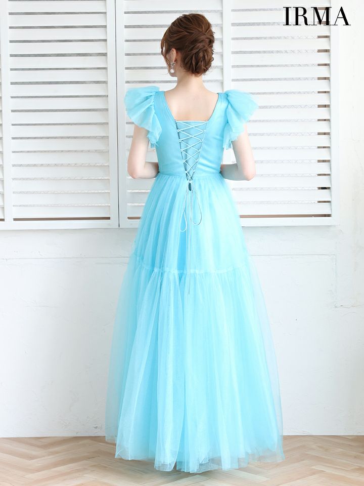 IRMA イルマ チュールスリーブ/ビジュー/ウエスト切替/ロングテール/前ミニ ロングドレス ir51925