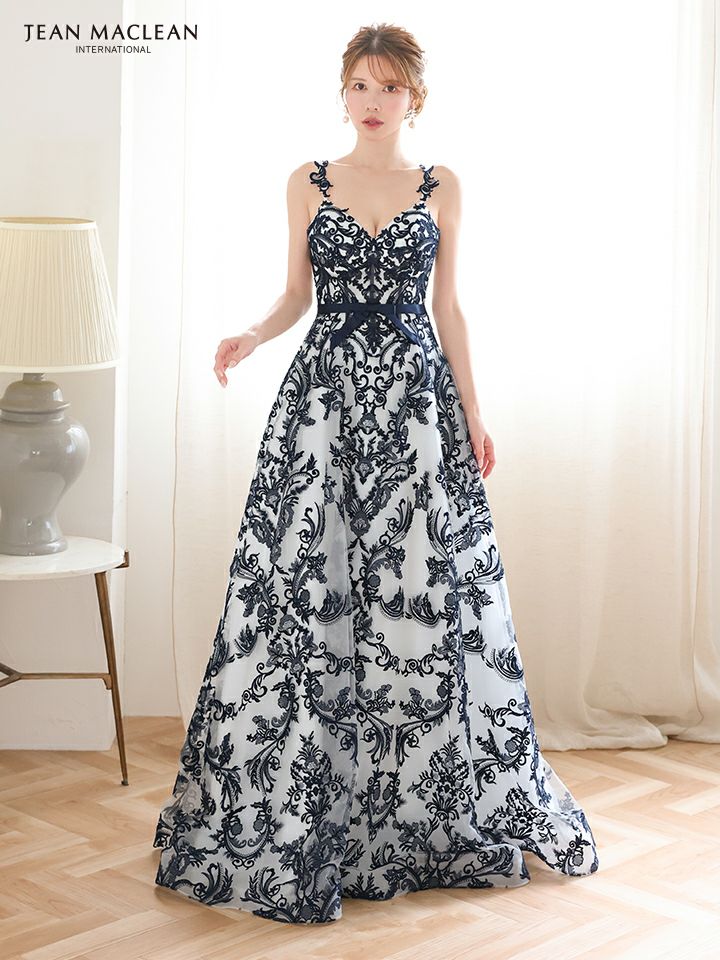JEAN MACLEAN ジャンマクレーン 花柄刺繍総レース/バイカラー/リボンベルト付き/姫/ロングドレス ja51931
