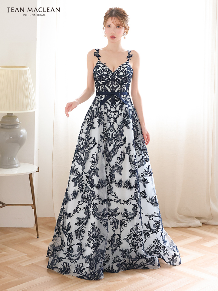 JEAN MACLEAN ジャンマクレーン 花柄刺繍総レース/バイカラー/リボンベルト付き/姫/ロングドレス ja51931
