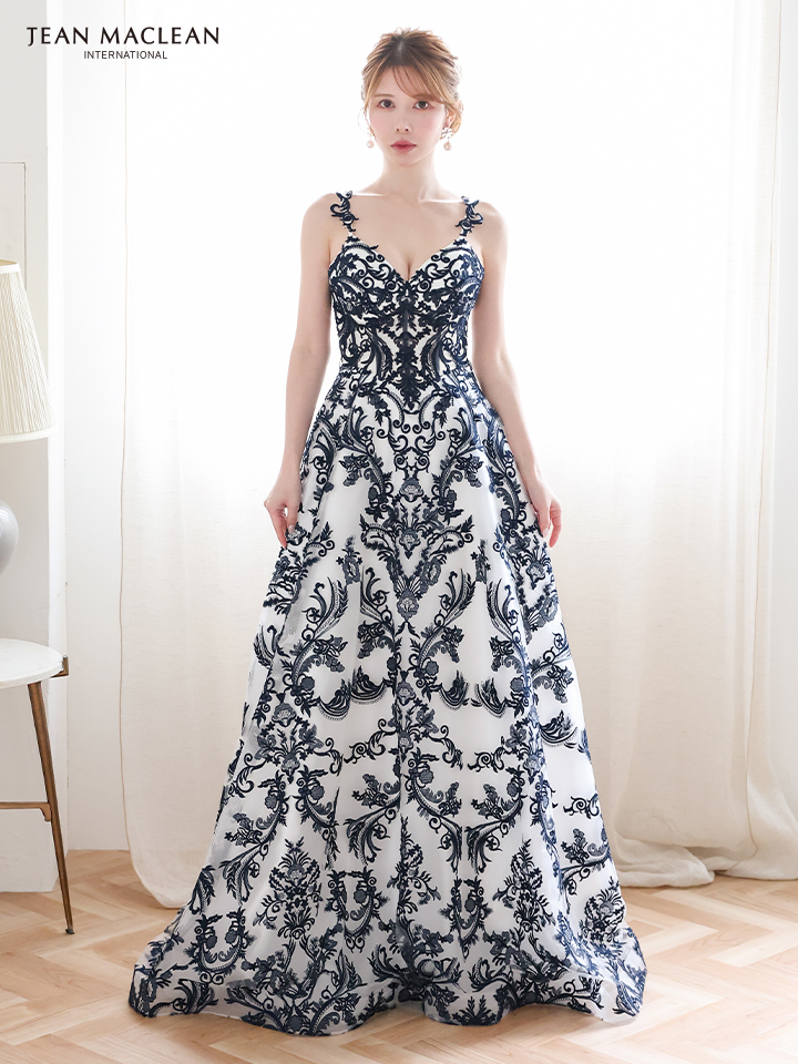 JEAN MACLEAN ジャンマクレーン 花柄刺繍総レース/バイカラー/リボンベルト付き/姫/ロングドレス ja51931