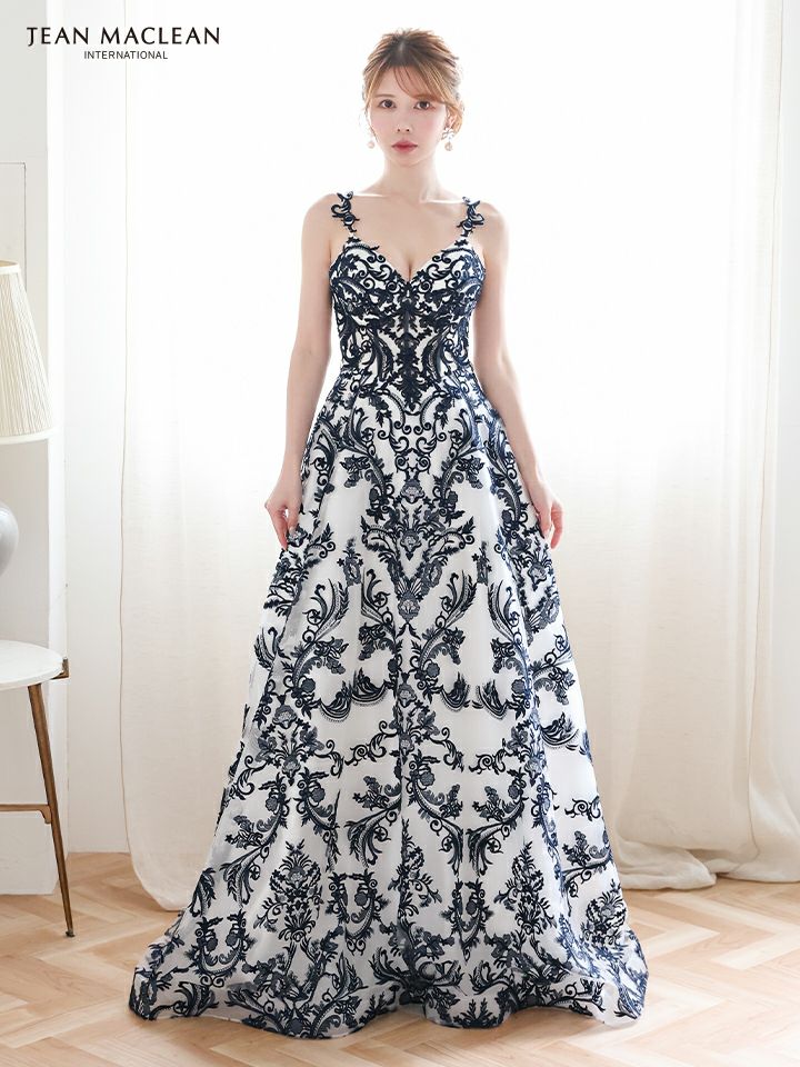 JEAN MACLEAN ジャンマクレーン 花柄刺繍総レース/バイカラー/リボンベルト付き/姫/ロングドレス ja51931