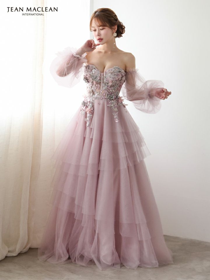 JEAN MACLEAN ジャンマクレーン 立体フラワーモチーフ/コルセット/チュールロングスリーブ/姫/ロングドレス ja51933