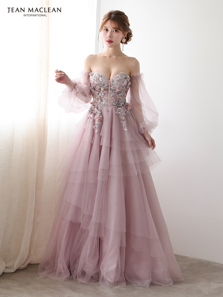 JEAN MACLEAN ジャンマクレーン 立体フラワーモチーフ/コルセット/チュールロングスリーブ/姫/ロングドレス ja51933