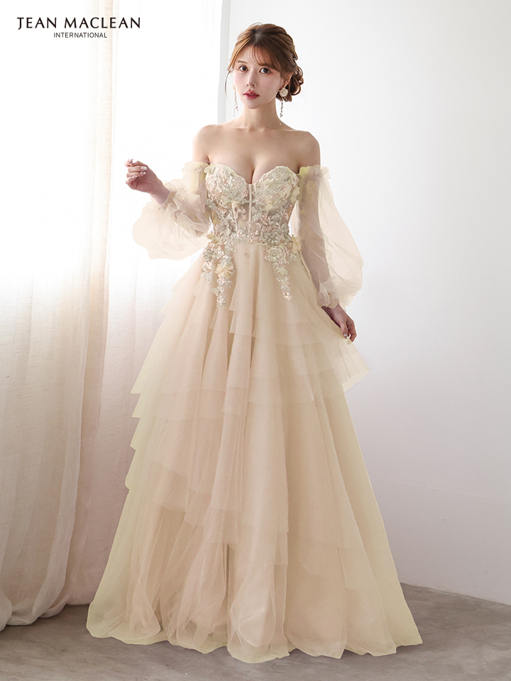 JEAN MACLEAN ジャンマクレーン 立体フラワーモチーフ/コルセット/チュールロングスリーブ/姫/ロングドレス ja51933