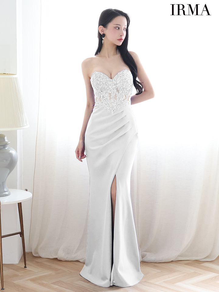 IRMA イルマ ワンカラー/ショールチョーカー付き/2way/刺繍/スリット入り/タイト ロングドレス ir51899-c