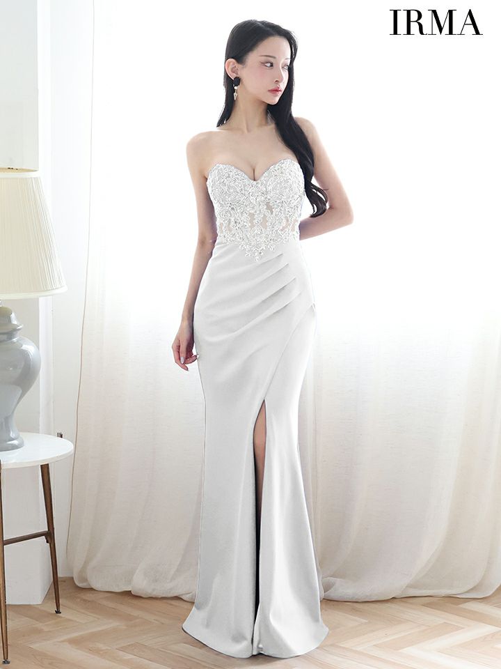 IRMA イルマ ワンカラー/ショールチョーカー付き/2way/刺繍/スリット入り/タイト ロングドレス ir51899-c