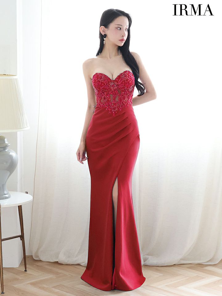 IRMA イルマ ワンカラー/ショールチョーカー付き/2way/刺繍/スリット入り/タイト ロングドレス ir51899-c