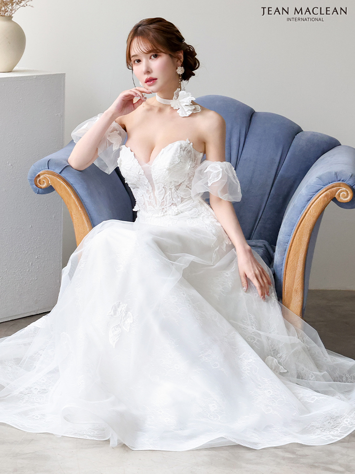 JEAN MACLEAN ジャンマクレーン フラワーコサージュチョーカー付き/ワンカラー/パフスリーブ/刺繍/姫/ロングドレス ja51906-c