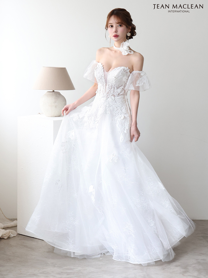 JEAN MACLEAN ジャンマクレーン フラワーコサージュチョーカー付き/ワンカラー/パフスリーブ/刺繍/姫/ロングドレス ja51906-c