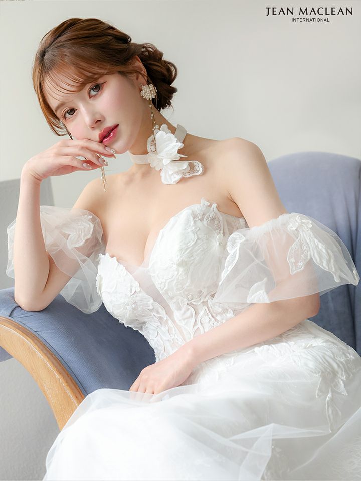 JEAN MACLEAN ジャンマクレーン フラワーコサージュチョーカー付き/ワンカラー/パフスリーブ/刺繍/姫/ロングドレス ja51906-c