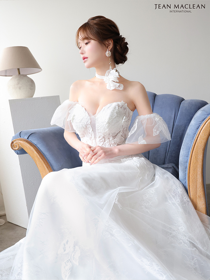 JEAN MACLEAN ジャンマクレーン フラワーコサージュチョーカー付き/ワンカラー/パフスリーブ/刺繍/姫/ロングドレス ja51906-c