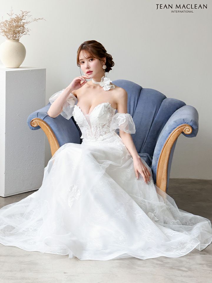 JEAN MACLEAN ジャンマクレーン フラワーコサージュチョーカー付き/ワンカラー/パフスリーブ/刺繍/姫/ロングドレス ja51906-c