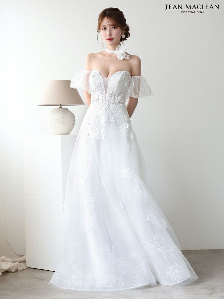 JEAN MACLEAN ジャンマクレーン フラワーコサージュチョーカー付き/ワンカラー/パフスリーブ/刺繍/姫/ロングドレス ja51906-c