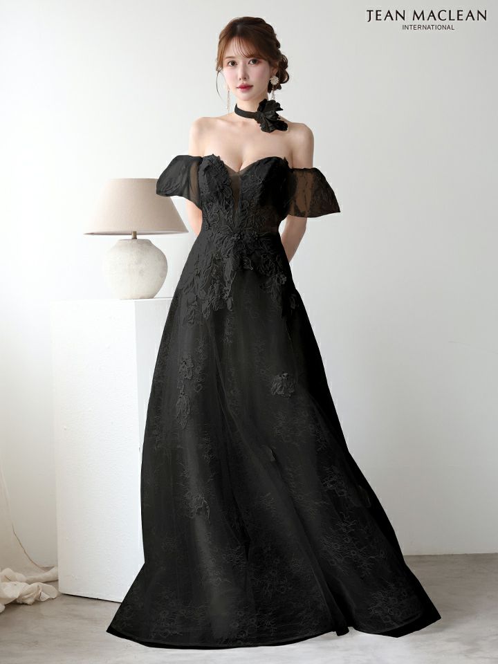JEAN MACLEAN ジャンマクレーン フラワーコサージュチョーカー付き/ワンカラー/パフスリーブ/刺繍/姫/ロングドレス ja51906-c