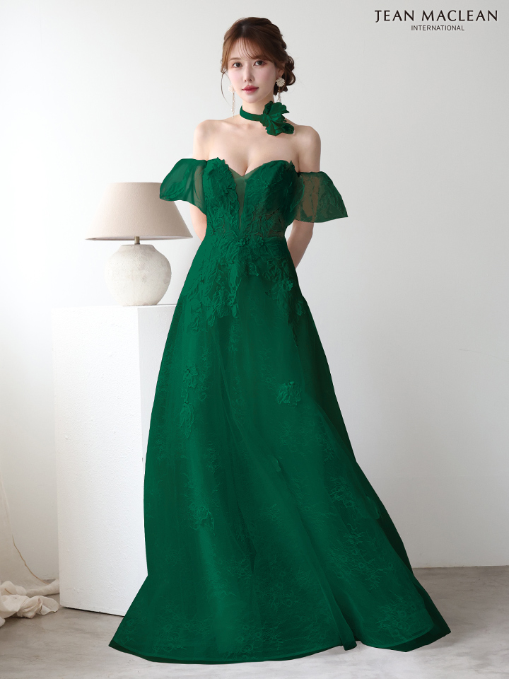 JEAN MACLEAN ジャンマクレーン フラワーコサージュチョーカー付き/ワンカラー/パフスリーブ/刺繍/姫/ロングドレス ja51906-c