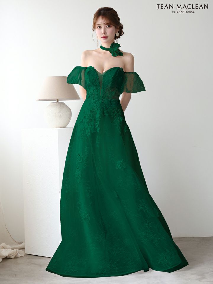 JEAN MACLEAN ジャンマクレーン フラワーコサージュチョーカー付き/ワンカラー/パフスリーブ/刺繍/姫/ロングドレス ja51906-c