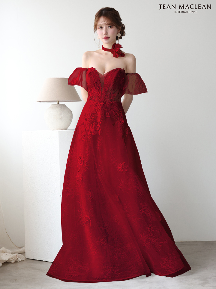 JEAN MACLEAN ジャンマクレーン フラワーコサージュチョーカー付き/ワンカラー/パフスリーブ/刺繍/姫/ロングドレス ja51906-c