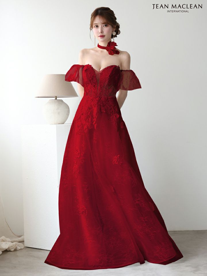 JEAN MACLEAN ジャンマクレーン フラワーコサージュチョーカー付き/ワンカラー/パフスリーブ/刺繍/姫/ロングドレス ja51906-c