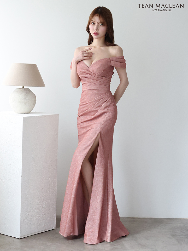 JEAN MACLEAN ジャンマクレーン ワンカラー/シンプル/ラメニット/オフショル/タックデザイン/スリット入り/タイト ロングドレス ja51904-c