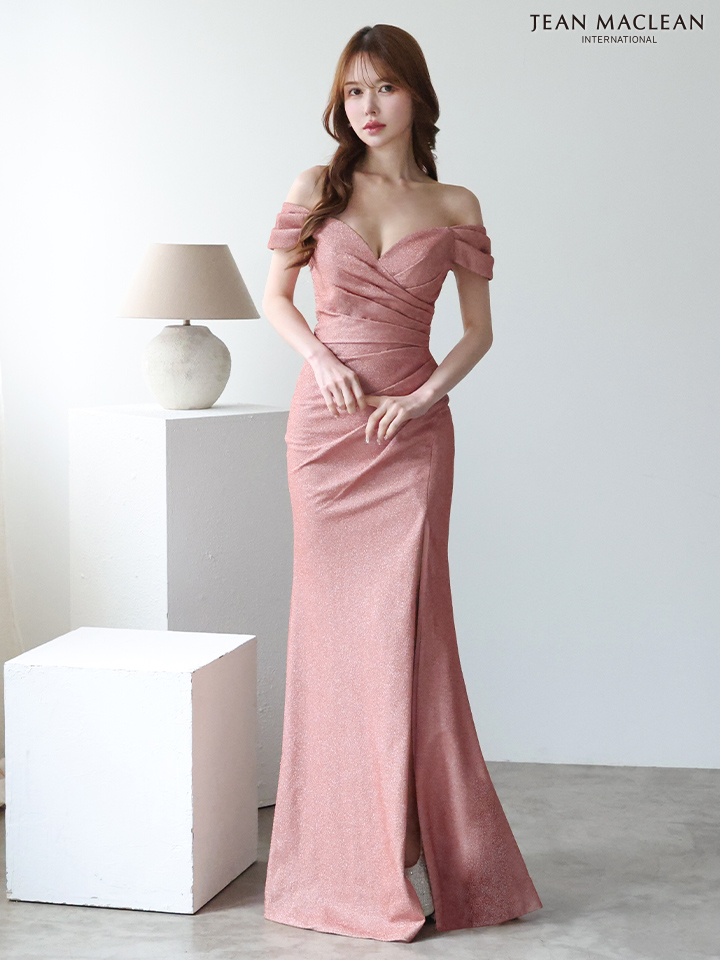 JEAN MACLEAN ジャンマクレーン ワンカラー/シンプル/ラメニット/オフショル/タックデザイン/スリット入り/タイト ロングドレス ja51904-c