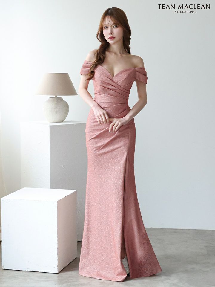 JEAN MACLEAN ジャンマクレーン ワンカラー/シンプル/ラメニット/オフショル/タックデザイン/スリット入り/タイト ロングドレス ja51904-c