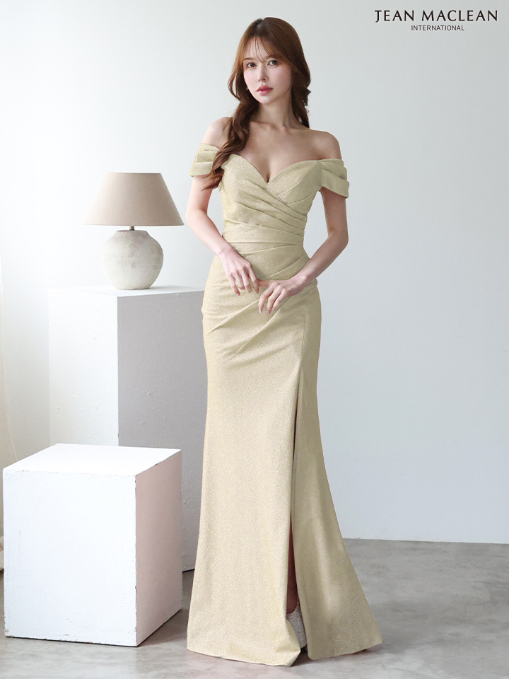 JEAN MACLEAN ジャンマクレーン ワンカラー/シンプル/ラメニット/オフショル/タックデザイン/スリット入り/タイト ロングドレス ja51904-c