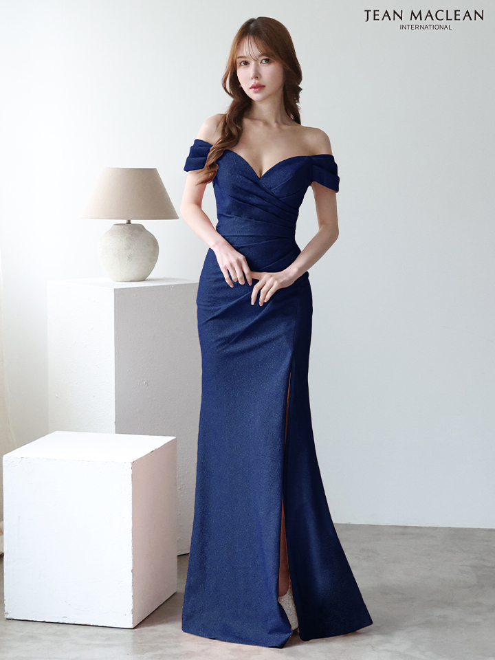 JEAN MACLEAN ジャンマクレーン ワンカラー/シンプル/ラメニット/オフショル/タックデザイン/スリット入り/タイト ロングドレス ja51904-c