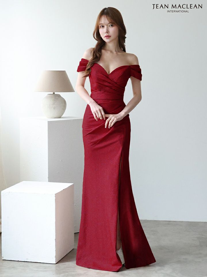 JEAN MACLEAN ジャンマクレーン ワンカラー/シンプル/ラメニット/オフショル/タックデザイン/スリット入り/タイト ロングドレス ja51904-c
