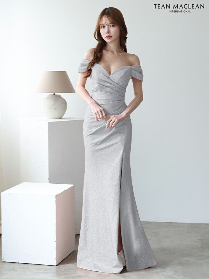 JEAN MACLEAN ジャンマクレーン ワンカラー/シンプル/ラメニット/オフショル/タックデザイン/スリット入り/タイト ロングドレス ja51904-c