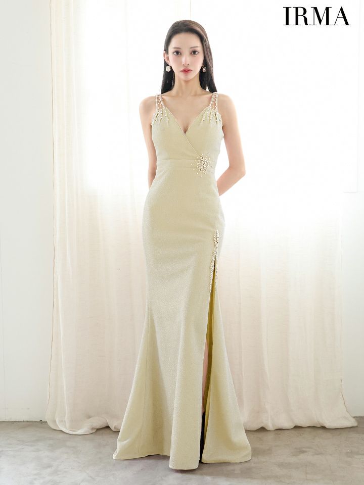 IRMA イルマ ワンカラー/シアーショルダー/ウエストポイントビジュー/スリット入り/タイト ロングドレス ir51900-c