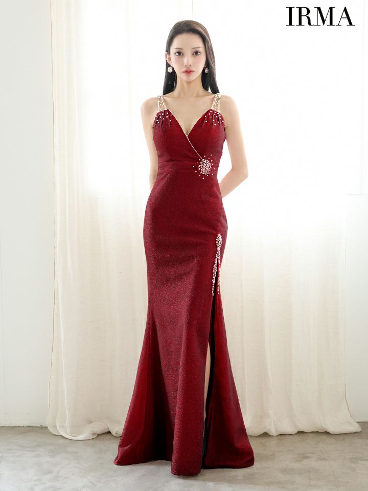 IRMA イルマ ワンカラー/シアーショルダー/ウエストポイントビジュー/スリット入り/タイト ロングドレス ir51900-c