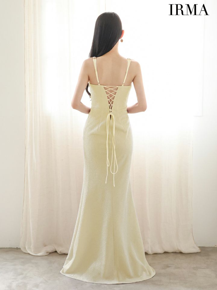 IRMA イルマ ワンカラー/シアーショルダー/ウエストポイントビジュー/スリット入り/タイト ロングドレス ir51900-c