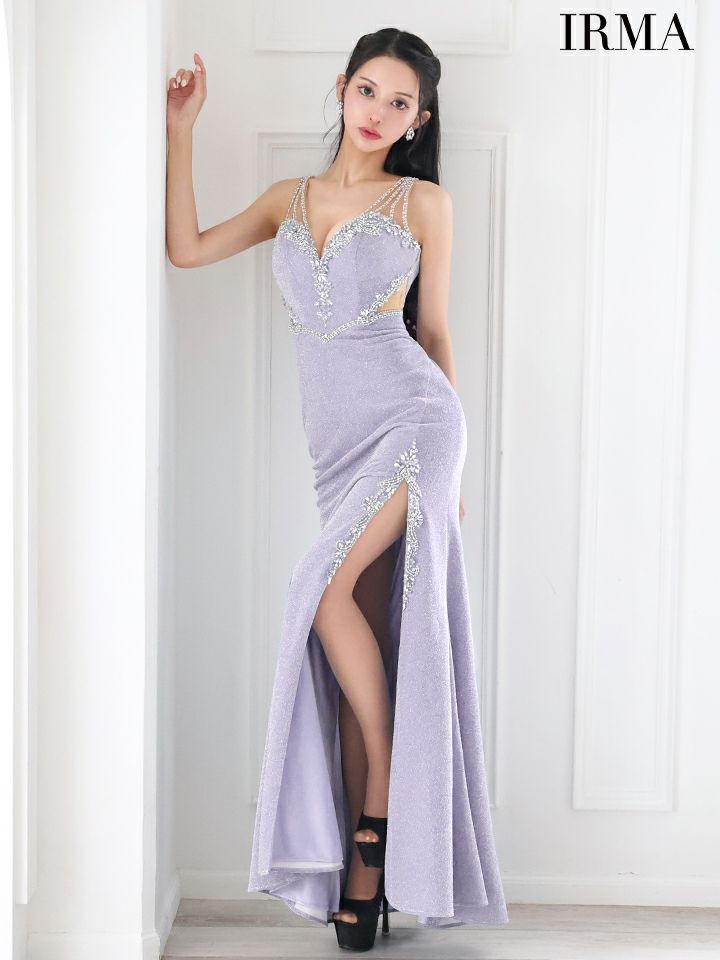 IRMA イルマ ワンカラー/ラメニット/カットアウト/ビジュー/スリット入り/タイト ロングドレス ir51901-c