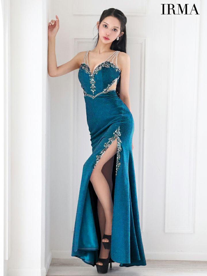 IRMA イルマ ワンカラー/ラメニット/カットアウト/ビジュー/スリット入り/タイト ロングドレス ir51901-c
