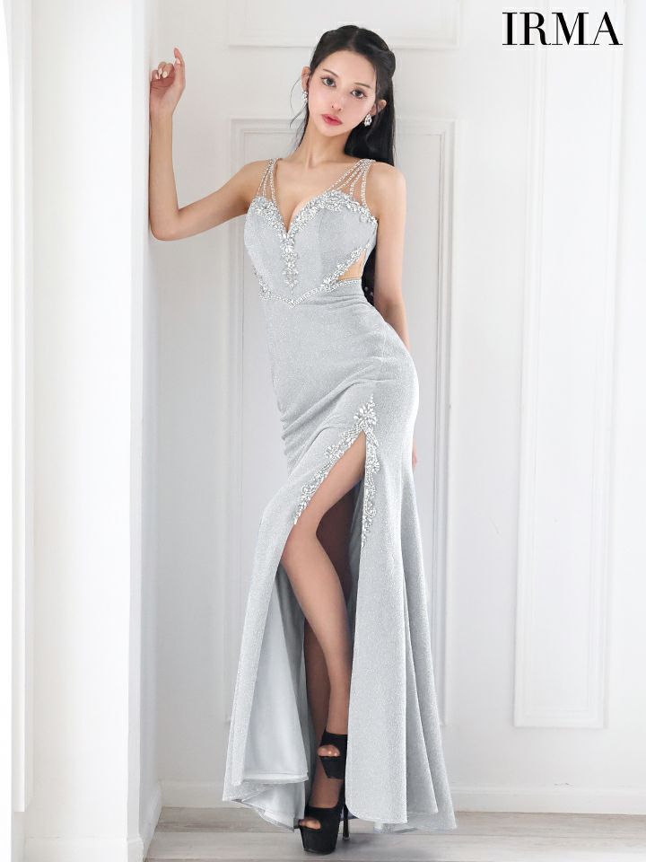 IRMA イルマ ワンカラー/ラメニット/カットアウト/ビジュー/スリット入り/タイト ロングドレス ir51901-c