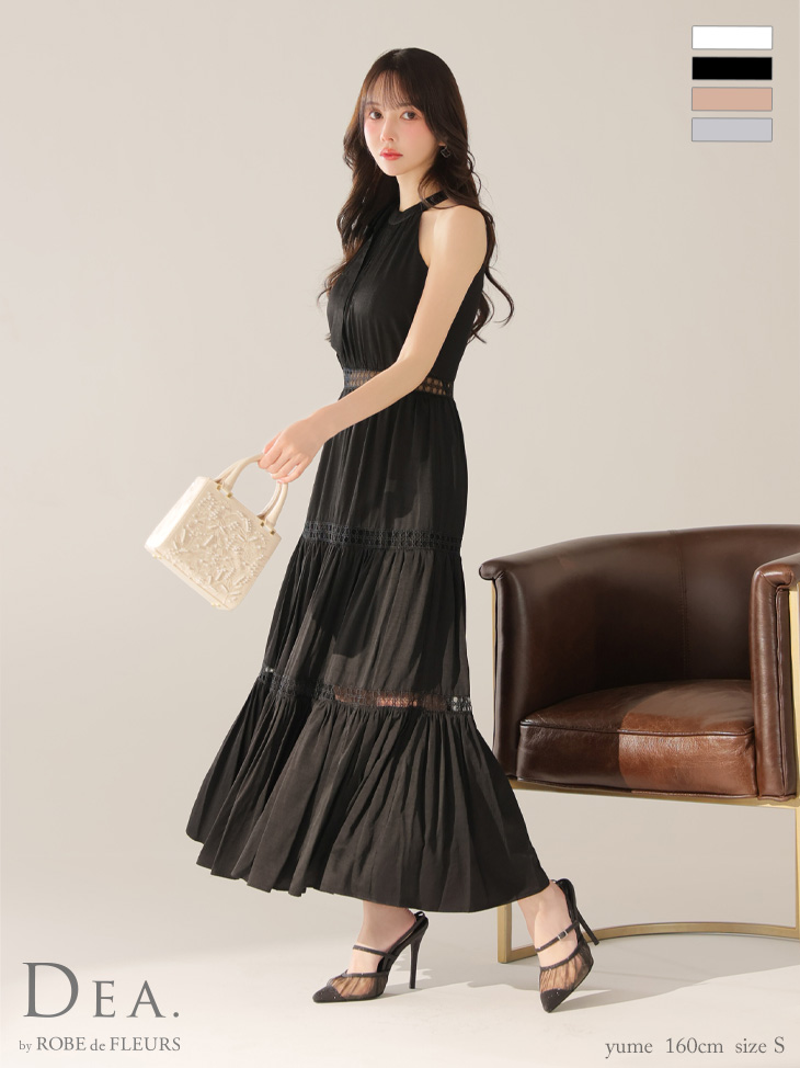 DEA. ディア バイ ローブドフルール リボンタイスカラップレースフレアロングキャバドレス de3479-c