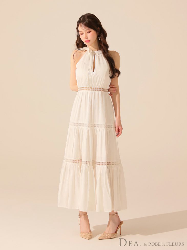 DEA. ディア バイ ローブドフルール リボンタイスカラップレースフレアロングキャバドレス de3479-c
